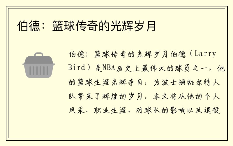 伯德：篮球传奇的光辉岁月