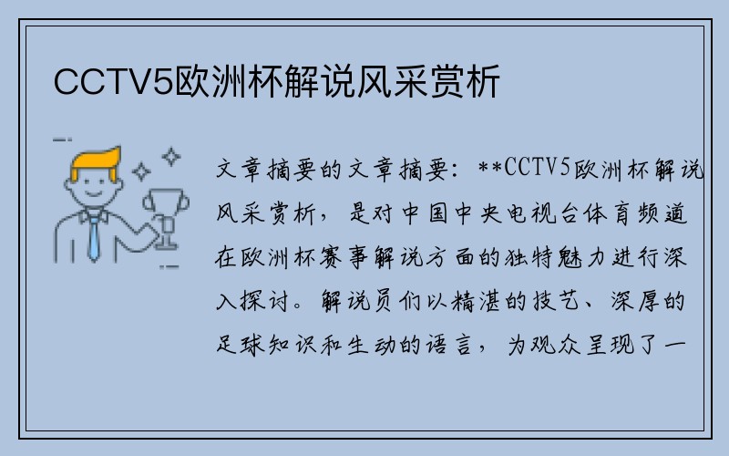 CCTV5欧洲杯解说风采赏析