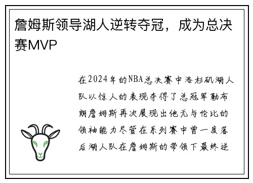 詹姆斯领导湖人逆转夺冠，成为总决赛MVP