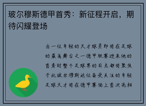 玻尔穆斯德甲首秀：新征程开启，期待闪耀登场
